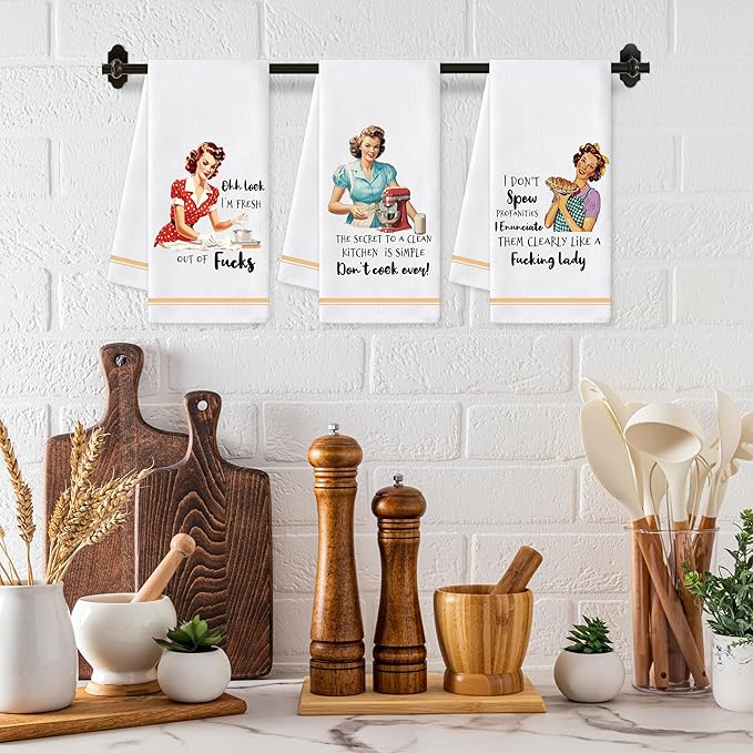 GROBRO7 Funny Kitchen Hand Towel - 6Pcs Retro Lady Cooking Dish Towels Soft Polyester Cleaning Dishcloth Home Dining Room Bath Vintage Style Decor Housewarming Gifts for Housewife Women Hostess