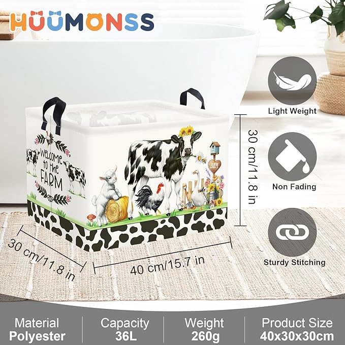 Farm Animals Storage Basket Collapsible Clothes Baby Nursery Hamper Large Book Shelf Basket Boy Girl Toy Box Bin for Kid Room, Cow, 36L
