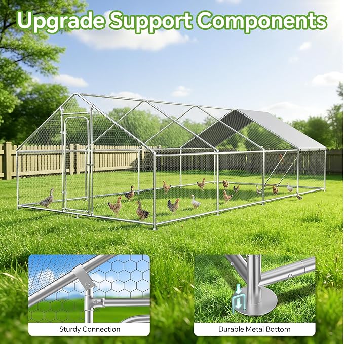 Large Metal Chicken Coop Run with Roosting Perch– Outdoor Waterproof & UV-Resistant Cover for Chickens, Ducks, Rabbits, and Hens in Yard or Farm Use Spire Roof(13.1'Wx26.2'Lx 6.5'H)