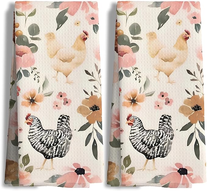 Chicken Kitchen Towels Set of 2,Chicken Gifts for Women, Chicken Mom Lady Gifts, Chicken Gifts for Chicken Lovers, Chicken Floral Hand Towels for Bathroom,16x24 Inch