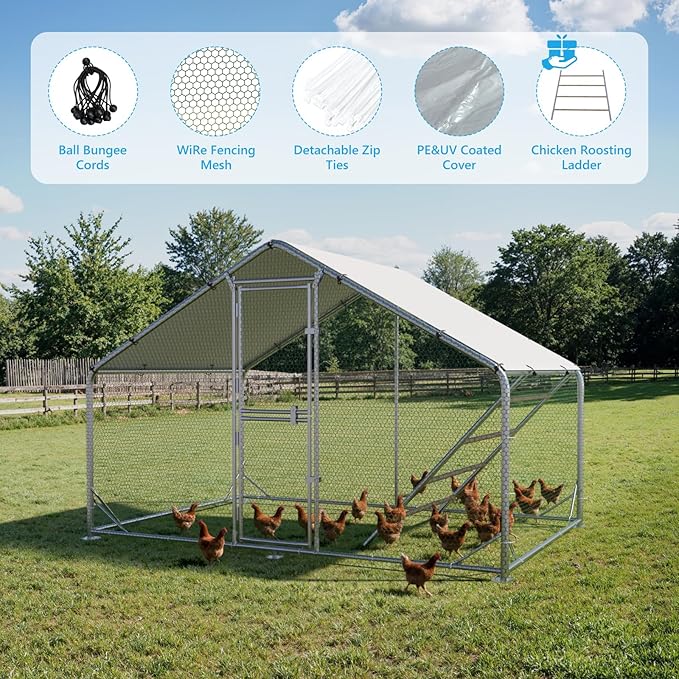 Large Metal Chicken Coop, Chicken Runs for Yard with Cover, Walk-in Chicken Run, Outdoor Chicken Pen, Heavy-Duty Galvanized Frame with Roosting Ladder,10x6.5x6.5FT