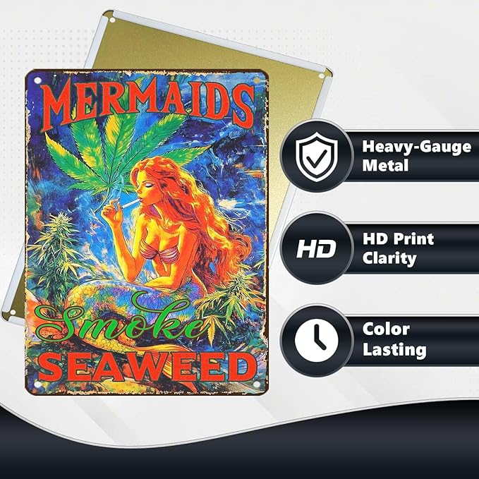Vintage Mermaid Metal Sign Mermaids Smoke Seaweed Retro Ocean Beach Tin Sign Wall Decor Coastal Home Beach House Patio Porch Bathroom Coastal Novelty Decor Bar 16 * 12 In