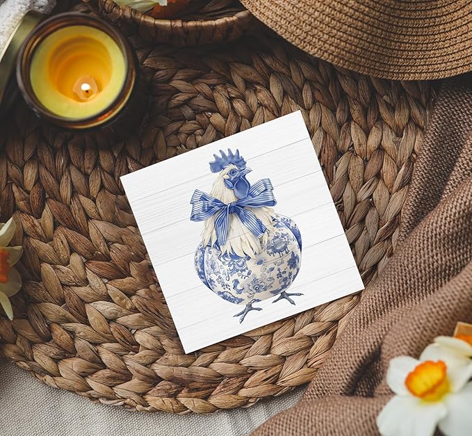 Blue and White Chinoiserie Chicken Wooden Signs, Grand Millenial Bow Blue Floral Home Decor Signs, Chinoiserie Porcelain Desk Decorations, Farmhouse Chicken Animal Kitchen Bathroom Decor