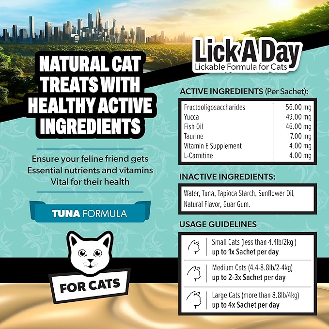Lick a Day | Specially Formulated 7-in-1 Functions Daily Real Meat Lickable Cat Supplemets | Tasty Cat Puree Squeeze ups for Cats & Pet Vitamins Combination (7-Pack x 4, Tuna)