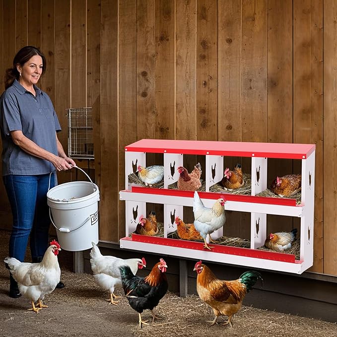8-Compartment Metal Nesting Box for Chickens, 0.7mm Galvanized Steel Laying Box with Roll-Away Egg Collection, Perch & Lid, Wall Mount or Freestanding (Red)