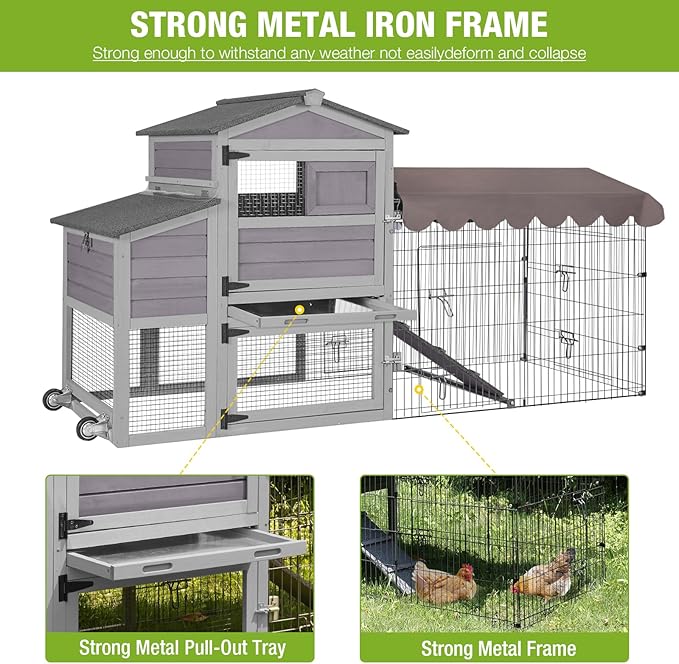79" Mobile Chicken Coop with Nesting Box and Wheels, Outdoor Wooden Hen House for 2-4 Chickens, Large Poultry Cage with Metal Run, Waterproof Cover and 6 Access Doors