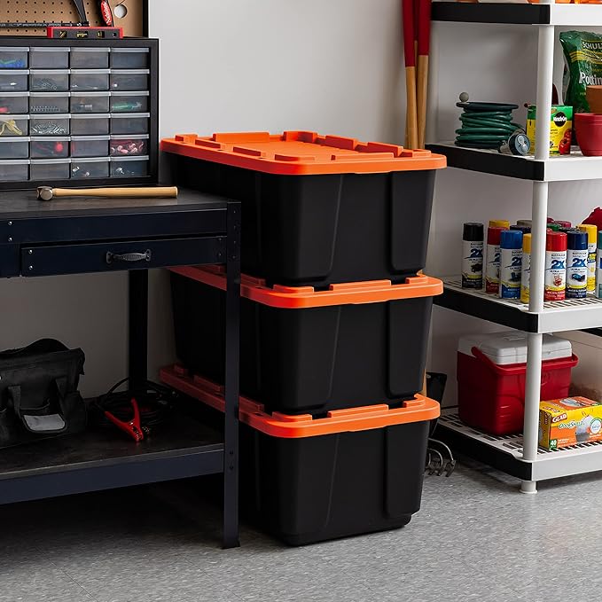 IRIS USA 4-Pack 27 Gallon Storage Bins with Lids |Made in USA| Heavy Duty Plastic Tote Containers for Truckbed Tool Box Organization, Large - Orange