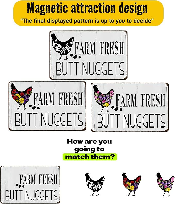 Funny DIY Magnetic Attraction Design,Vintage Chicken Decor Metal Sign, Funny Farmhouse Kitchen Wall Art, Unique Home Decor Gifts for Women, Farmhouse Style Enthusiasts, Retro Chicken Coop Accessories,8*12 Inch (Medium Grey)