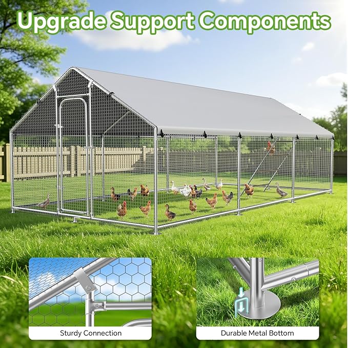 Large Metal Chicken Coop Run with Roosting Perch, Outdoor Poultry Cage with Waterproof & UV-Resistant Cover for Chickens, Ducks, Rabbits in Yard or Farm Use, Spire Roof(8.9'W x17.7'L x 6.6'H)