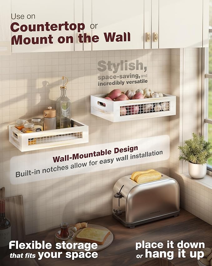Wooden Countertop Baskets Set of 2 for Kitchen, Bathroom, Pantry|Wall Mount Upgrade with Full Accessories| Rustic Nesting Boxes|Wooden Organizer Crates for Fruit, Vegetables, Produce, Bread