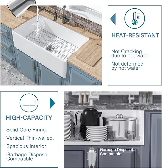 White Farmhouse Sink 33 x 20 Inch, Large Firecaly Apron Front Undermount Farm Sink Heavy Duty Deep Single Bowl, with Custom Accessories 2 Types, Pure White, for Kitchen