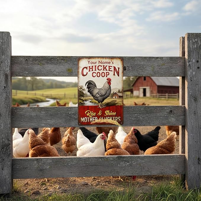 Personalized Chicken Coop Sign Custom Name Rise And Shine Vintage Rooster Metal Tin Wall Art Rustic Farmhouse Decor for Barn Backyard Funny Gift