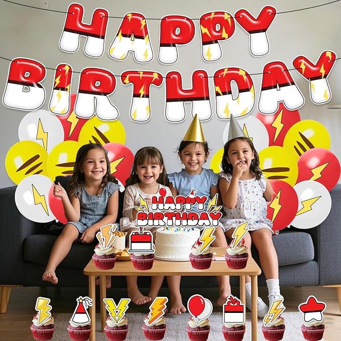 Cartoon Birthday Decorations Red White Yellow Happy Birthday Banner Balloons Cake Cupcake Topper for Anime Theme Party Decor Supplies