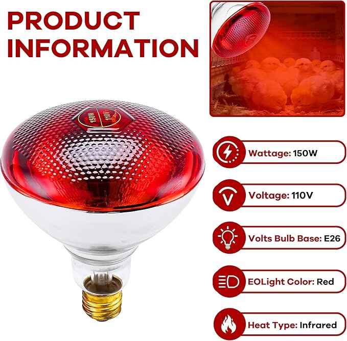 Heat Lamp Bulb for Chickens, Red Heat Lamp Infrared Light Bulb with Power Cord Hanging Chain for Chicks