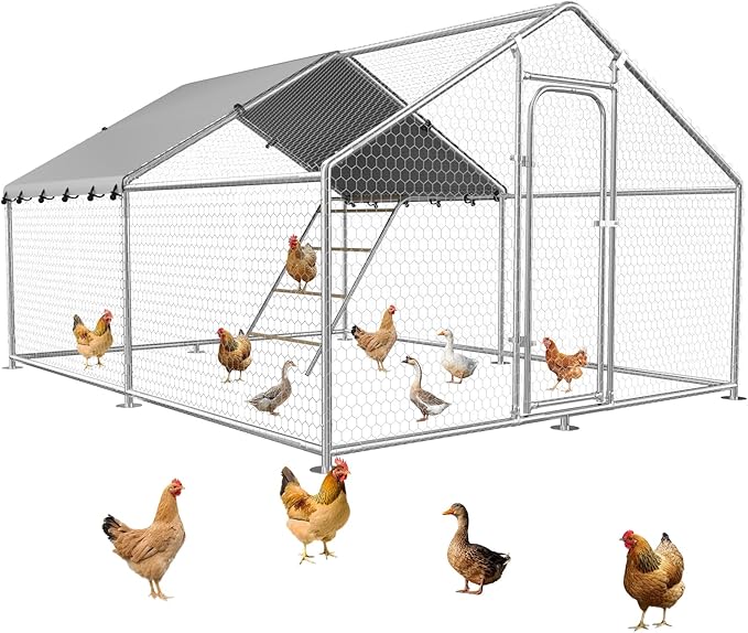 Large Metal Chicken Coop with Waterproof and UV-Resistant Cover,Chicken Run Outdoor Walk-in Cage Rabbit Duck Hen House for Yard Farm Use Spire Roof (10’ W x 9.9’ L x 6.4’ H)