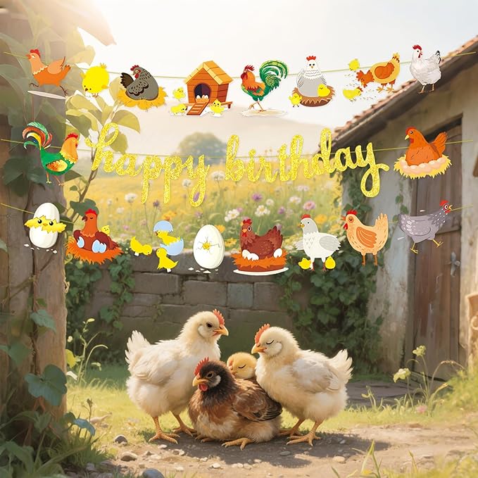 3pcs Chicken Birthday Decorations Gold Glitter Happy Birthday Banner and Chicken Paper Garlands for Spring Easter Hen & Chick Farm Theme Party Decor Supplies