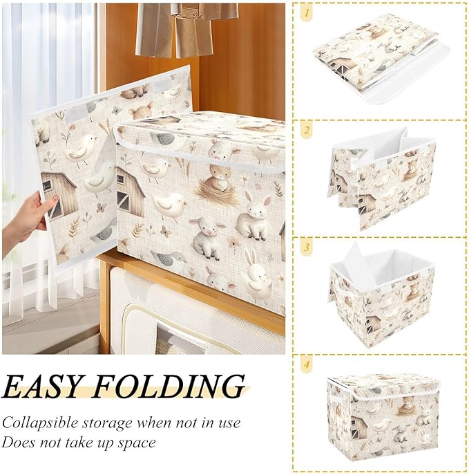 Storage Box Farm Animals Storage Bins with Lids, Larger Collapsible Fabric Storage Baskes with Handles for Living Room, Playroom, Bedroom, Nursery 16.5x12.6x11.8 Inch