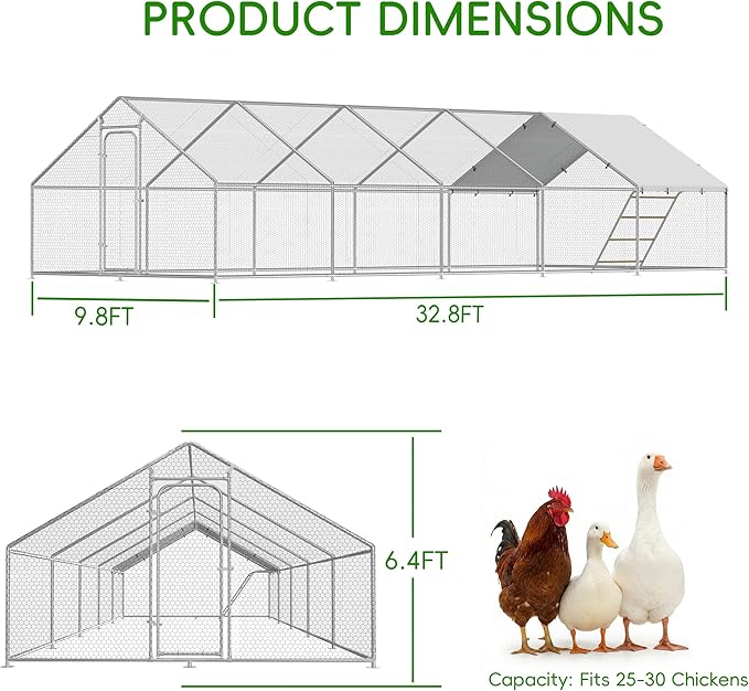 Large Metal Chicken Coop with Roosting Perch, Waterproof and UV Protection Cover, Chicken Run Outdoor Walk-in Cage Chicken Rabbit Duck Hen House, Spire Roof (10'W x 32.8'L x 6.4'H)