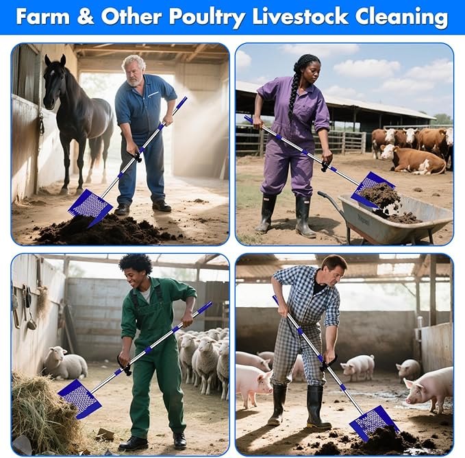 2-in-1 Chicken Poop Scooper & Rake, 12" Wide 63" Long Large Metal Chicken Coop Scooper for Sand with Ergonomic Grip, Heavy Duty Sifting Shovel Rake for Beach, Farm, Garden & Yard Waste (Blue)