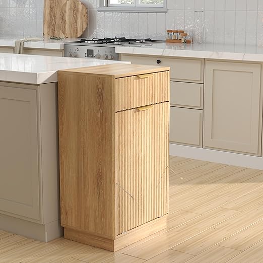 19 Inch Single 10 Gallon Wood Grain Tilt-Down Trash Can Cabinet with Storage Drawer,Wood Grooved Recycling Cabinet with Wave Texture Hidden Pull-Out Trash Can for Kitchen,Bathroom (Oak-02)