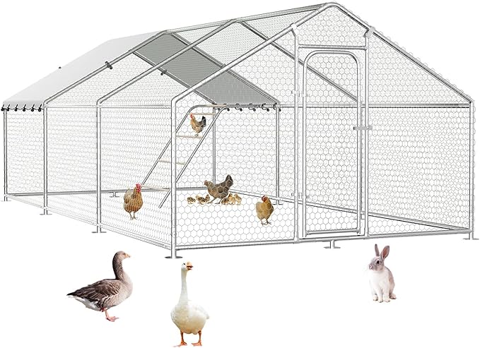 Large Metal Chicken Coop Walk-in Poultry Cage with Waterproof Roosting Perch and UV-Resistant Cover, Outdoor Chicken Run Poultry Hen House for Backyard Farm Use,Spire Roof(10’ W x 19.7’ L x 6.4’ H)