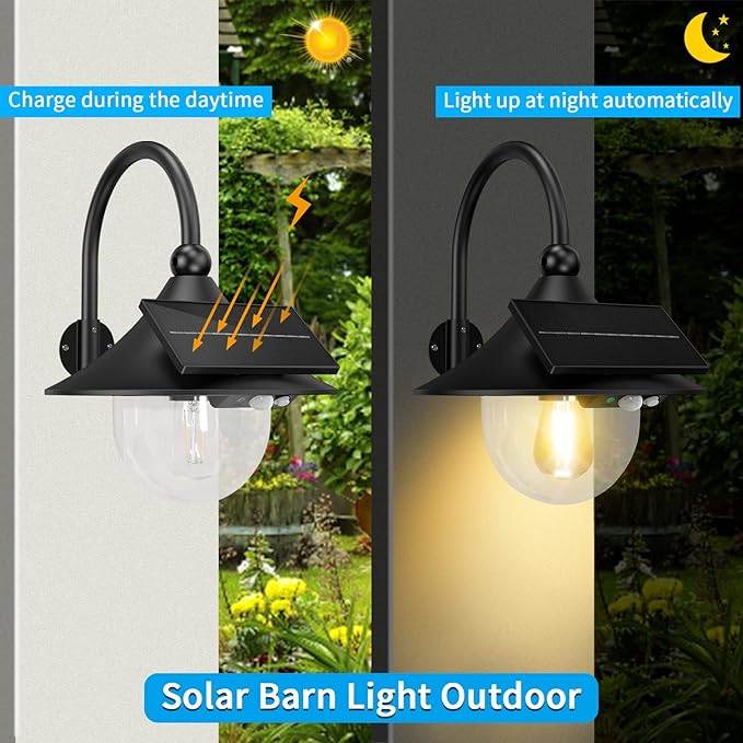 Aqonsie Solar Barn Light Outdoor with 3 Lighting Modes & Motion Sensing, Wall Mount Vintage Light, Waterproof Wall Light for Barn, Shed, Chicken coop, Porch, Patio