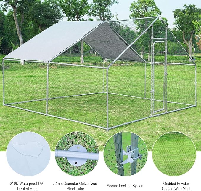 Giantex 13ft Large Metal Chicken Run, Walk-in Chicken Coop with Waterproof Cover, Poultry Enclosure Hen Cage Run House Rabbits Habitat Farm Pen for Outdoor Backyard Farm (13 x 13 ft, Spire)