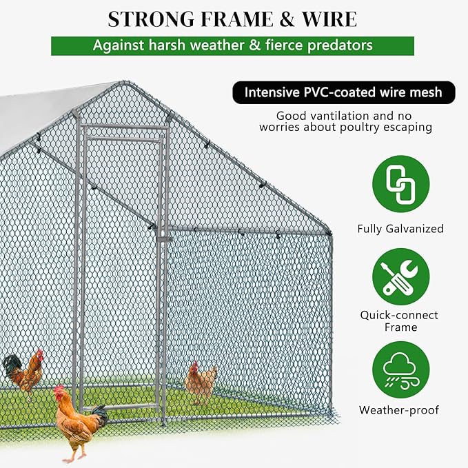 Outvita Chicken Coop, 6.5 x 10 FT Large Metal Chicken House, Poultry Habitat Cage with Waterproof Cover, Walk-in Chicken Run Pen for Small Animals, Yard, Farm, Patio