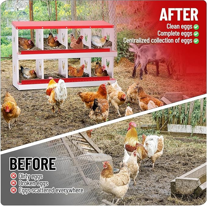 Metal Chicken Nesting Box, 8 Compartments, Rollout Egg Collection, Large Vented Holes, Perch Included, Wall Mount or Free Standing Laying Box for Hens and Chickens - Red
