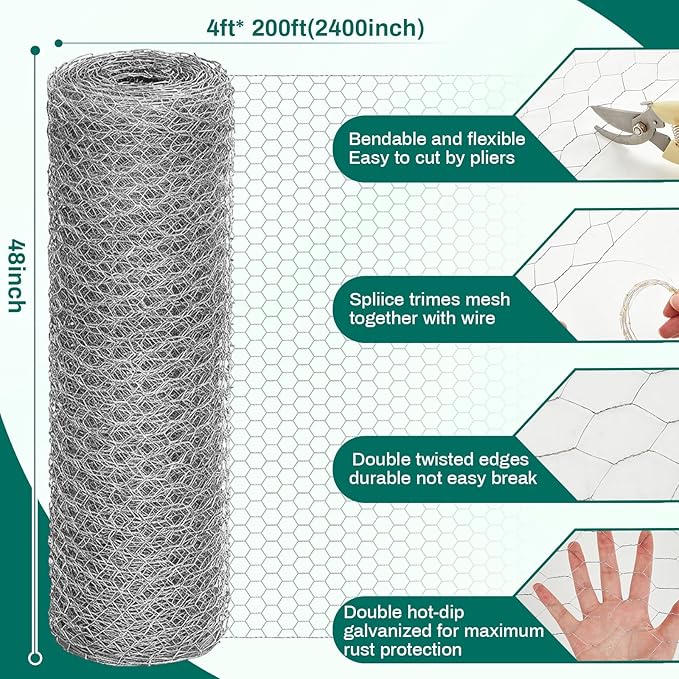 48 in x 200 ft Chicken Wire Fencing Mesh, Metal Floral Chicken Wire for Floral Arrangements, 0.6 Inch Hexagonal Galvanized Poultry Netting for Garden, Coop Barrier, Duck Rabbit Cage(Silver)