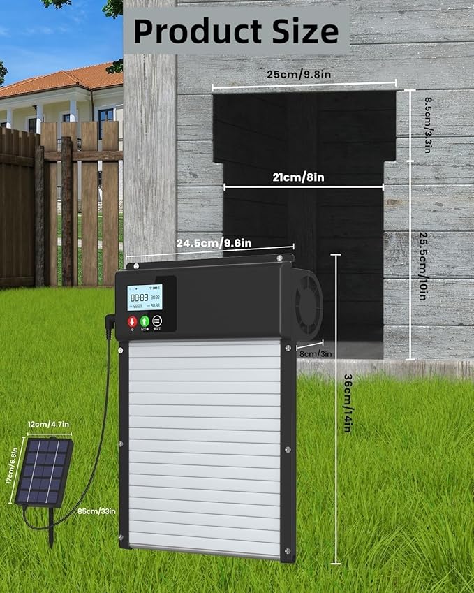 2025 Upgraded Solar Powered Automatic Chicken Door, WiFi Remote Control Chicken Coop Door, with LCD Display & Timer & Light Sensor, Chicken Door with Anti-Pinch Design