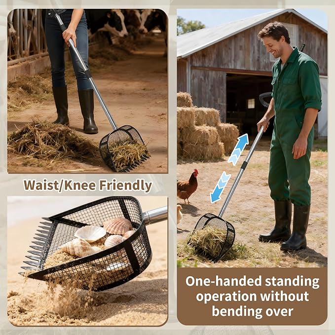 Chicken Poop Scooper & Rake 2-in-1, Pooper Scooper with Large Sifting Shovel, Adjustable Stainless Steel Handle (24"-68"), Chicken Coop Litter Scoop & Cleaning Tool for Farm Animals