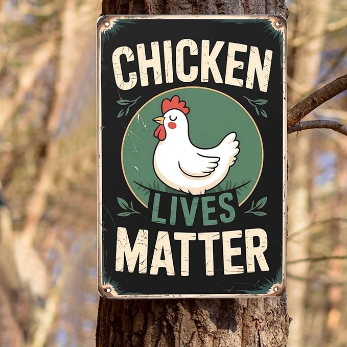 Retro humor wall art sign featuring Chicken Lives Matter Metal Tin Sign Farm Backyard Decor Perfect For Hanging In Coop Garden Rustic Vintage Finish Animal 8x12 inch metal sign for home bar wall