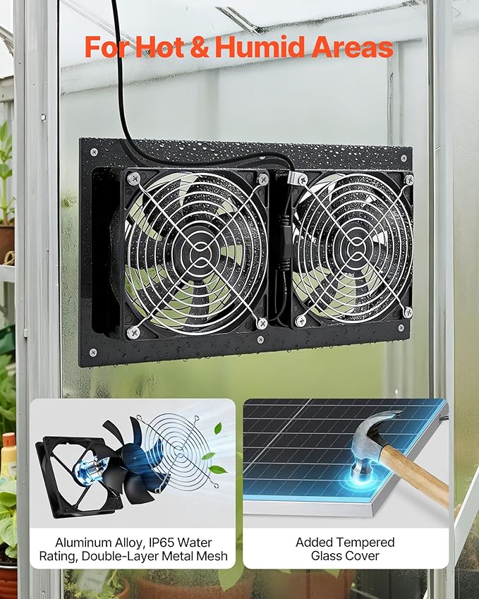 VEVOR Solar Powered Fan, 15W Solar Panel with 2 Fans, Adjustable Solar Panel Angle, 2668 RPM High-Speed, Flexible Installation, Fast Air Exchange for Greenhouse, Grow Tents, Chicken Coops, Shelters