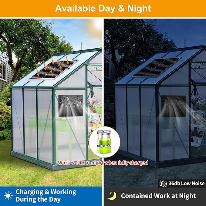 25W Metal Frame Solar Powered Fan with Battery, IP65 Waterproof Solar Exhaust/Intake Fan for Chicken Coop, Greenhouse, Dog House and Shed, Low Noise (16.4FT Cord)