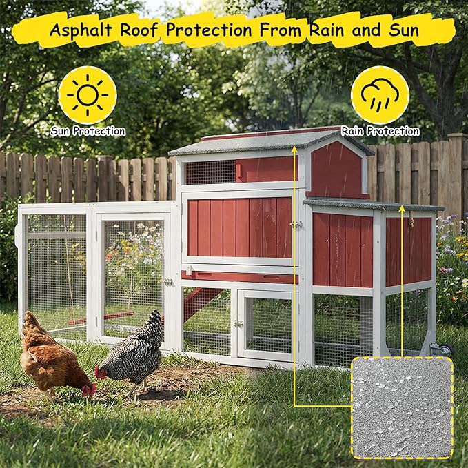 Wooden Chicken Coop with Wheels – Large Movable Outdoor Hen House with Waterproof Clear Sunlight Panel Roof, Nesting Box & Easy-Clean Tray – Spacious Backyard Poultry Tractor Red