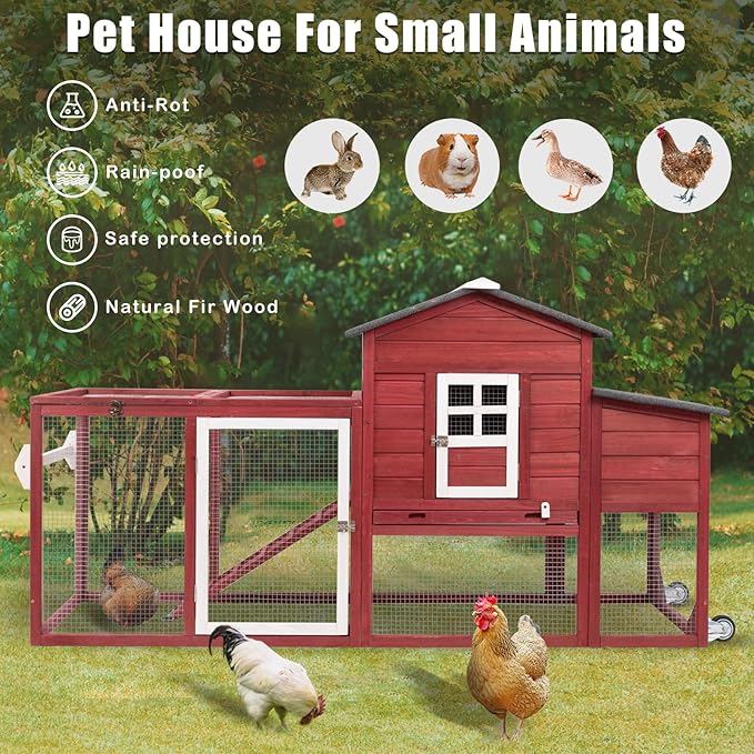 Chicken Coop Solid Wood with Large Run Cage 2 Stories - Asphalt Roof, Nest Box, Pu Wheels, Expandable Solid Wood Cage