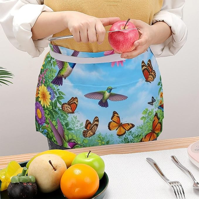 Unisex Chef Waiter Apron Waist Half Short Serving Aprons with 3 Pockets