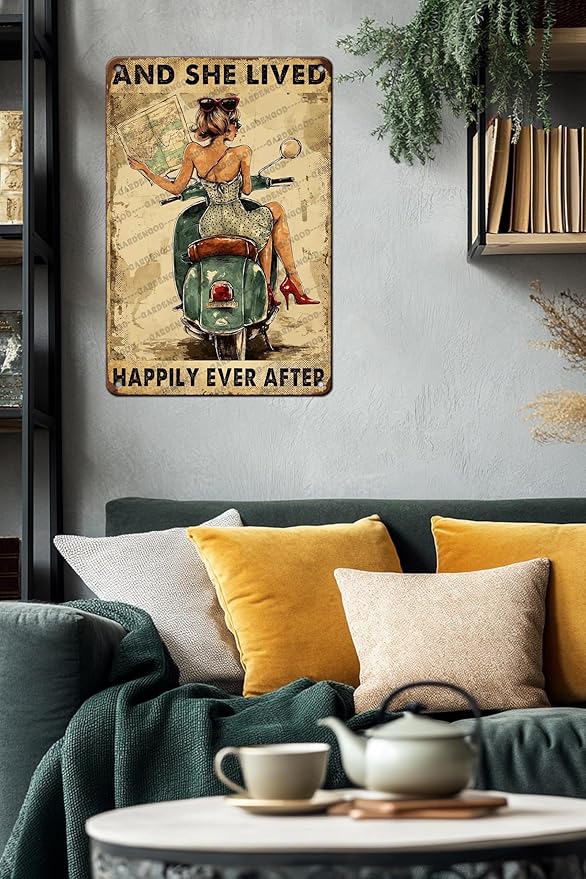 And She Lived Happily Ever After Motorbike Ancient Bike Metal Wall Art Metal Signs For Decor Vintage Wall Decor 16x12 Inch
