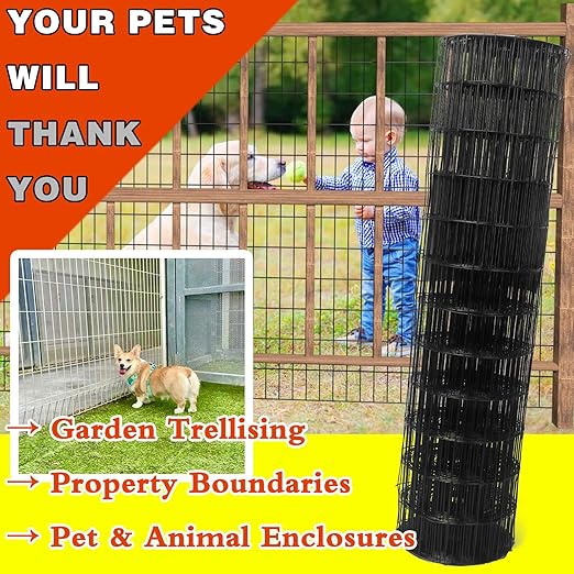 Welded Wire Fence 24inx50ft, 16GA, Mesh Size 2" x 3" Black Hardware Cloth, Chicken Wire Fence, PVC Coated Garden Border Fencing, Vinyl Coating Metal Wire Mesh for Yard, Dog Vegetable, Plant
