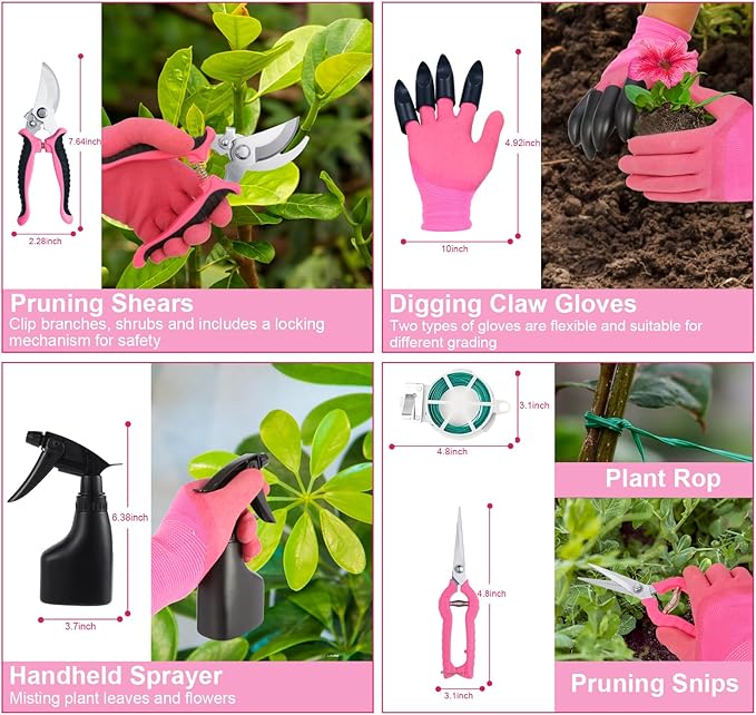 Covacure Gardening Tool Set - 11 Piece Aluminum Alloy Steel Hand Tool Starter Kit with Garden Bag, Outdoor Tool, Heavy Duty Gardening Work Set, Gardening Tools Gift for Women and Men（Pink）