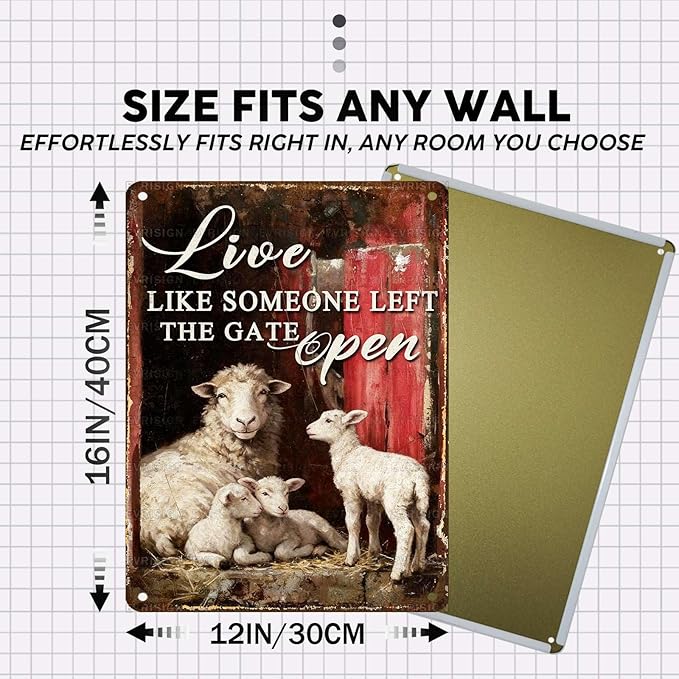 Vintage Sheep Tin Sign Live Like Someone Left The Gate Open Retro Farm Life Metal Sign Nostalgic Rustic Wall Decor Decorations for Home Outdoor Farmhouse Bedroom Cafe Kitchen 16 * 12In