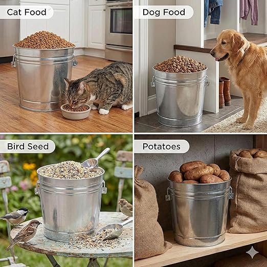 Galvanized Steel Locking Lid Storage Can, 6 Gallon, Heavy Duty Metal Pail for Bird Seed, Dry Pet Food, Charcoal Ash, Rodent Proof, Rust Resistant with Wire Bail Handle