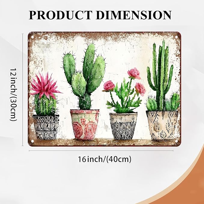 Four basins Cactus Metal tin Sign Watercolor Cactus Tin Sign Green Plant Wall Decor for Home Living Room Kitchen Garden Bedroom Office Hotel Cafe Decoration 12X16Inch