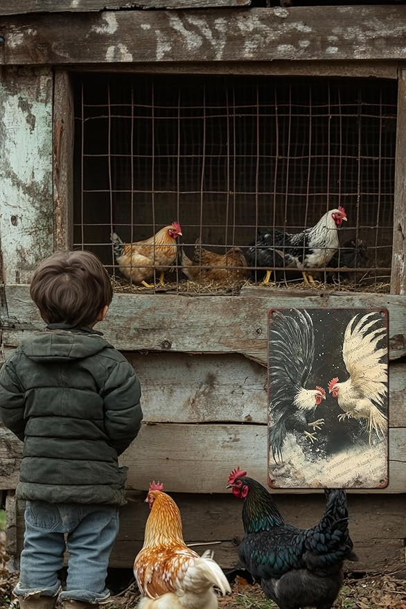 Vintage Metal Sign Farm Rooster Fighting Cock Cockfighting Gamecock Retro Game Fowl Metal Poster Home Garden Garage Farmhouse Aluminium Sign Art Wall Decor Plaque 16x12 Inch