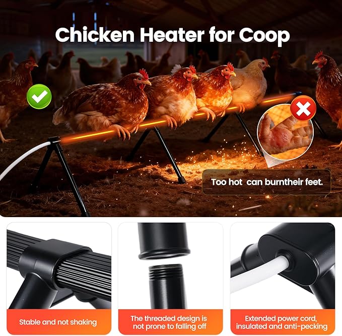 Heated Chicken Perch for Winter Thermo Heated Roosting Bar for Chickens Adjustable Temperature Heated Perch for Chicken Prevents Frozen Toes, Overheat Protection Chick Warm Coop Accessories