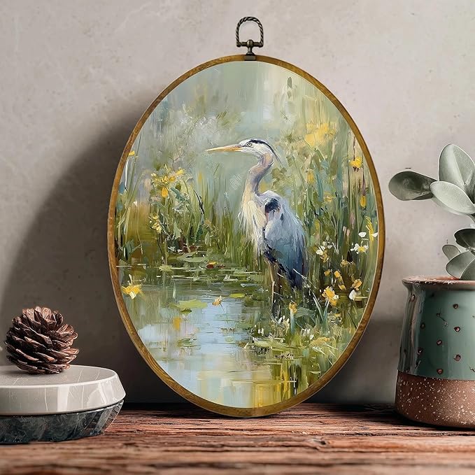 zewepri Egret Oil Painting Style, Landscape Art Print, Bird Painting, 8.6×11.4 Inches High-Density Canvas with Pre-Installed Hook, Ideal for Bedroom, Living Room, Study, and Gift for Art Lovers