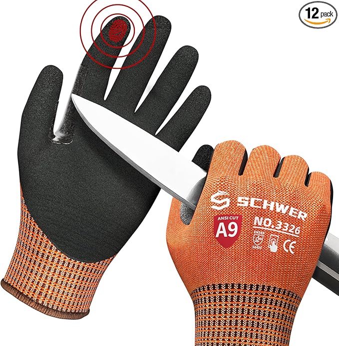 Schwer 12 Pairs ProGuard High Level Cut Resistant Work Gloves PR3326 for Extreme Protection，ANSI A9 Cut Gloves with Reinforced Thumb, Non Slip, Breathable, Durable, Touch-screen, Orange XL