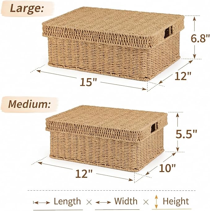 Wicker Storage Basket with Lid - Woven Storage Basket for Organizing,Rectangular Decorative Boxes Bins with Lids for Shelves, living room, Nursery, 2-Piece Set(Natural)