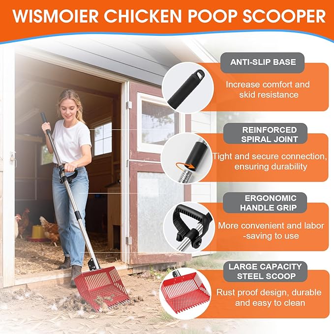 Heavy Duty Chicken Poop Scooper & Rake 2 in 1,Adjustable Angle Handle Chicken Coop Metal Litter Scoop & Sand Sifting Shovel,Pooper Scooper for Dog,Cat,Poultry,Farm Animals,36"-66"